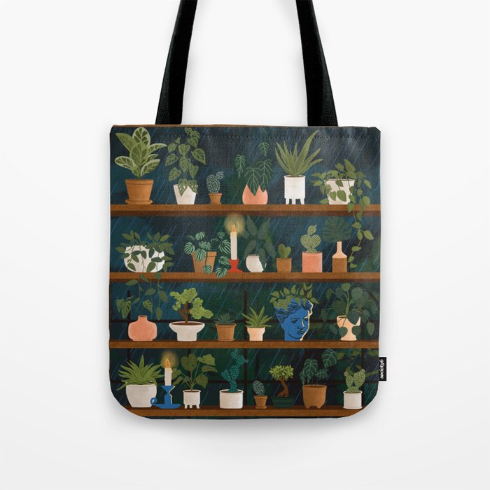 Plant Shelves Rainy Night Tote Bag Gallery Image 1