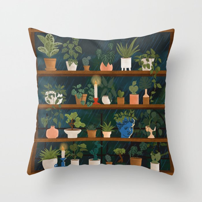 Plant Shelves Rainy Night Throw Pillow Gallery Image 6