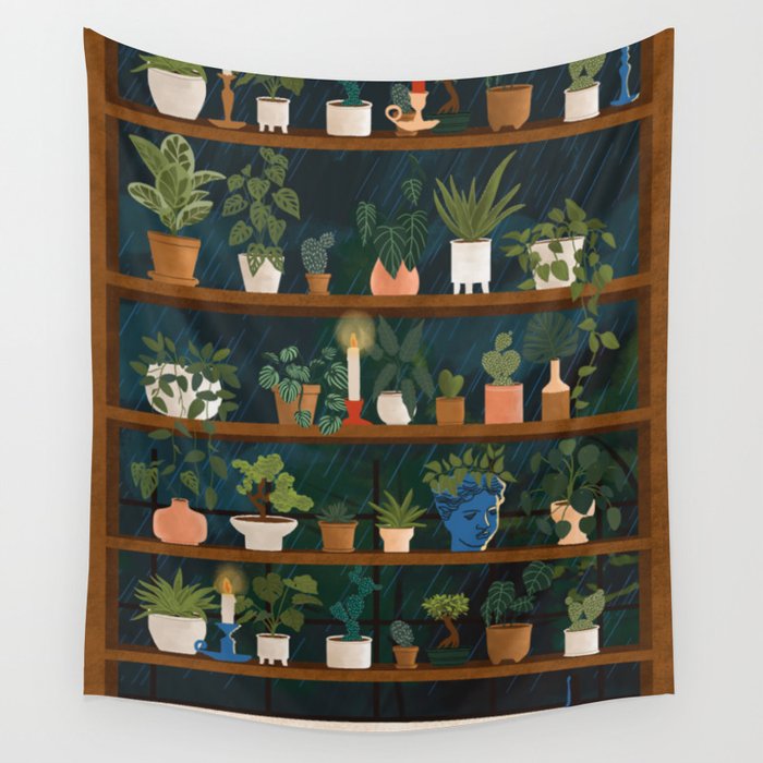 Plant Shelves Rainy Night Wall Tapestry Gallery Image 1