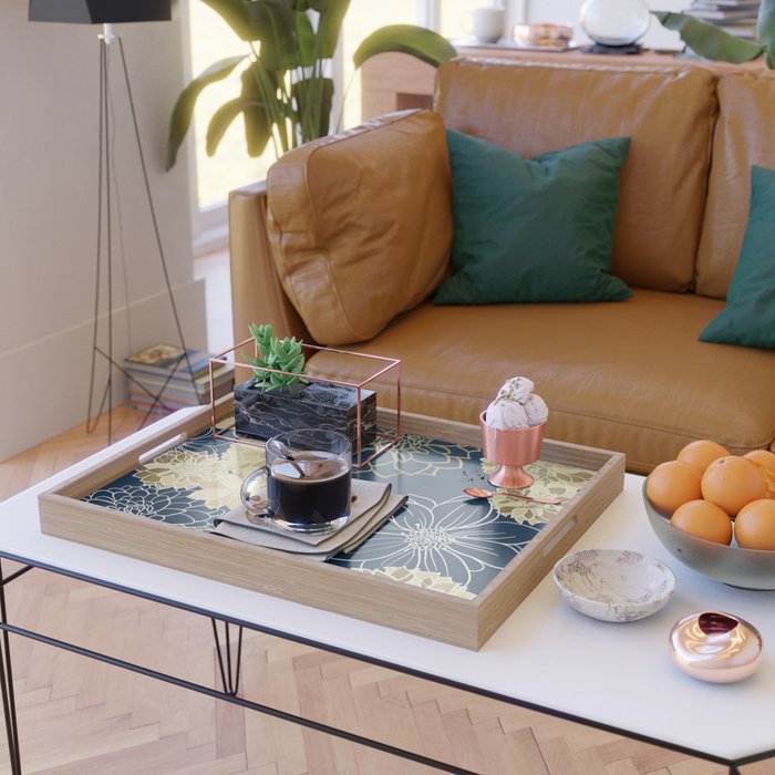 Navy, Gold and White Floral Garden Serving Tray Gallery Image 2