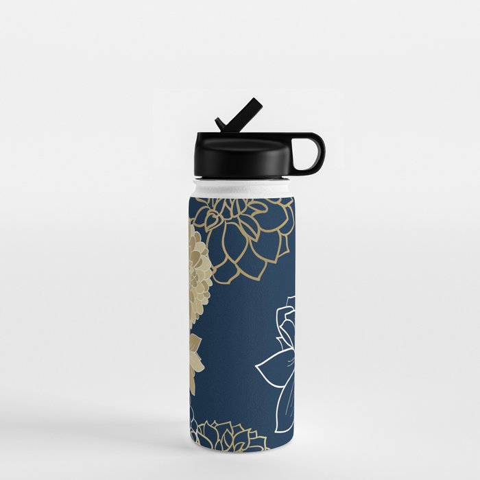 Navy, Gold and White Floral Garden Water Bottle Gallery Image 1