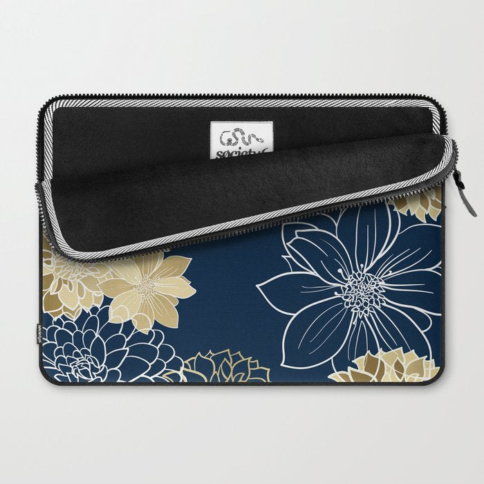 Navy, Gold and White Floral Garden Laptop Sleeve Gallery Image 2