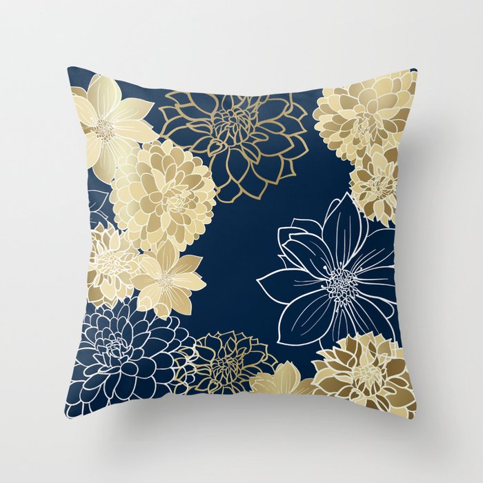 Navy, Gold and White Floral Garden Throw Pillow Gallery Image 6