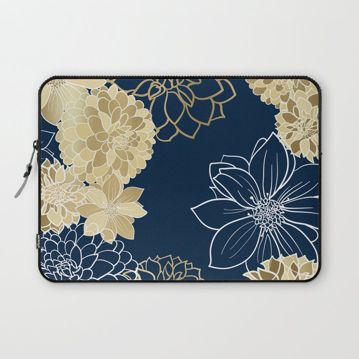 Navy, Gold and White Floral Garden Laptop Sleeve Gallery Image 1