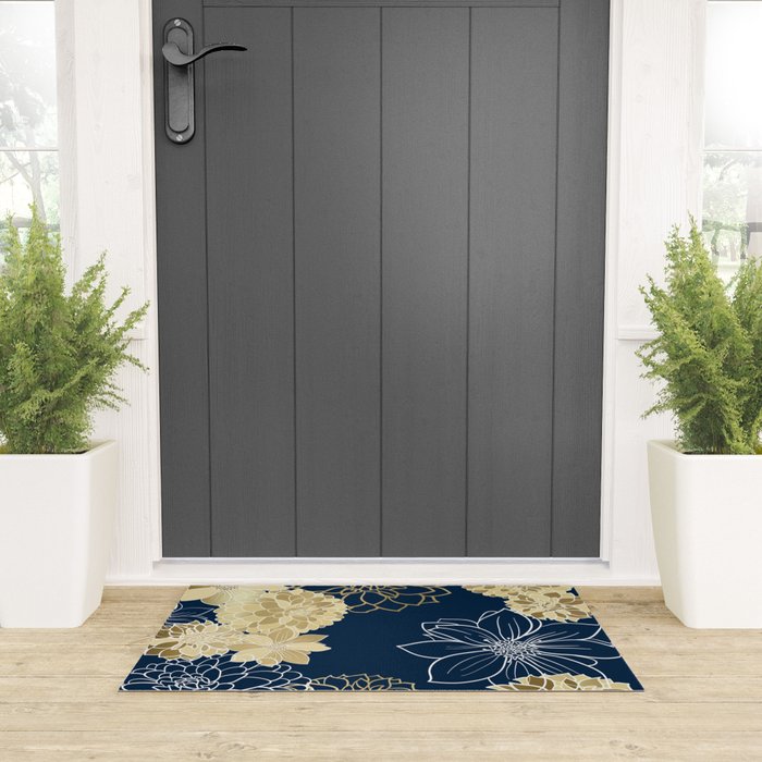 Navy, Gold and White Floral Garden Welcome Mat Gallery Image 3