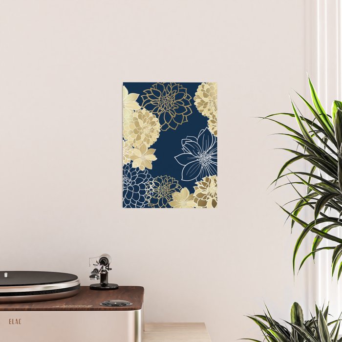 Navy, Gold and White Floral Garden Poster Gallery Image 2