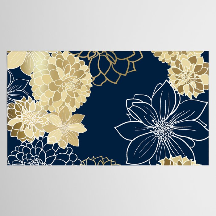 Navy, Gold and White Floral Garden Tablecloth Gallery Image 2