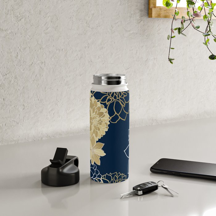 Navy, Gold and White Floral Garden Water Bottle Gallery Image 4
