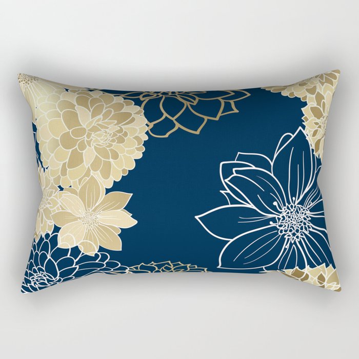 Navy, Gold and White Floral Garden Rectangular Pillow Gallery Image 2