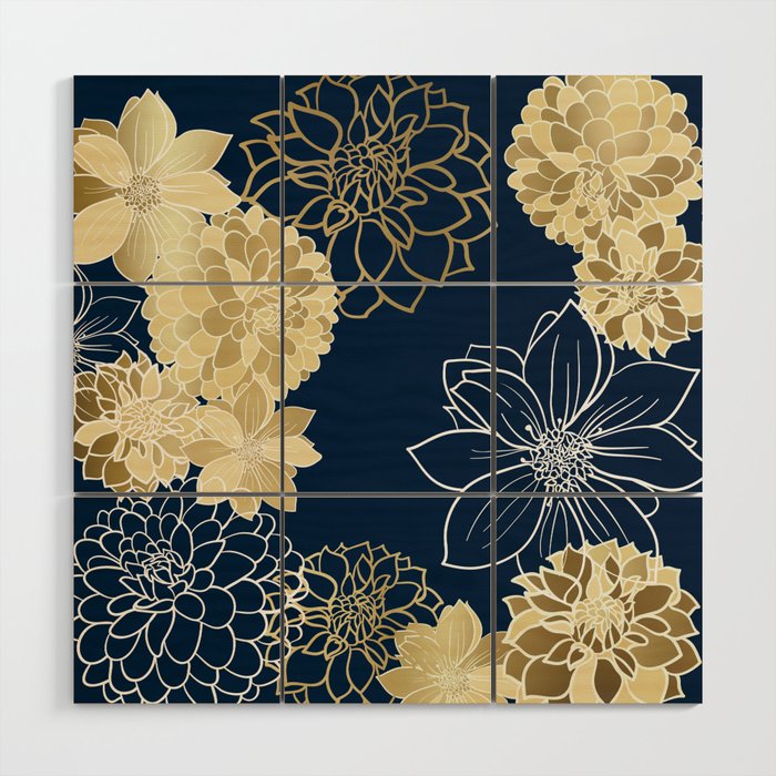 Navy, Gold and White Floral Garden Wood Wall Art Gallery Image 1