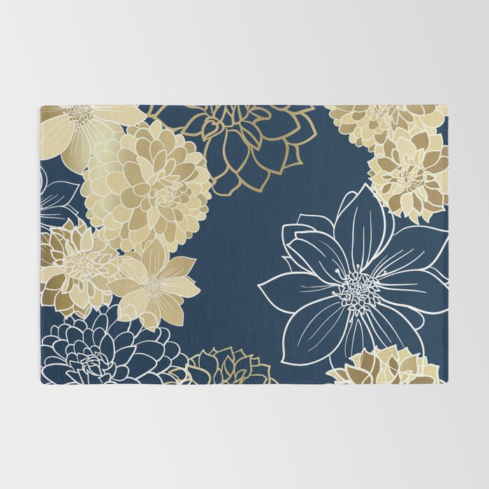 Navy, Gold and White Floral Garden Rug Gallery Image 2