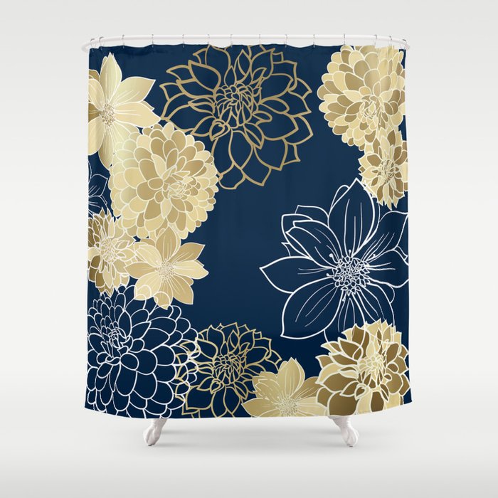 Navy, Gold and White Floral Garden Shower Curtain Gallery Image 1