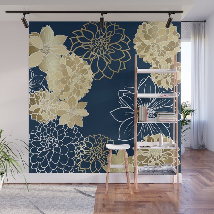 Navy, Gold and White Floral Garden Wall Mural Gallery Image 1