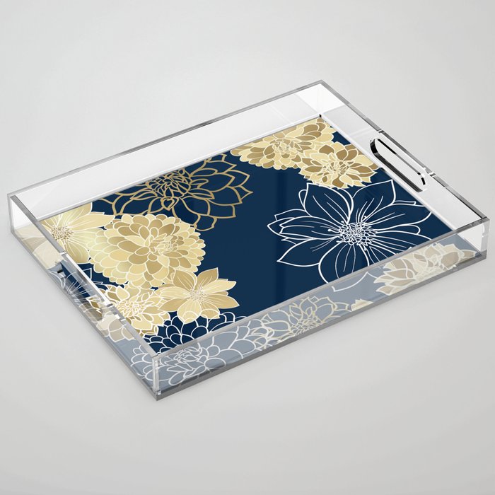 Navy, Gold and White Floral Garden Acrylic Tray Gallery Image 1
