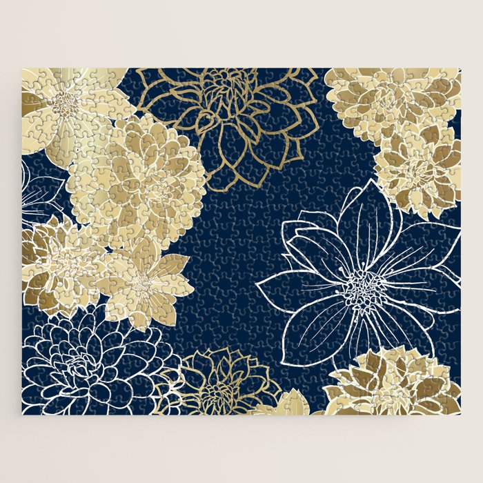 Navy, Gold and White Floral Garden Jigsaw Puzzle Gallery Image 1