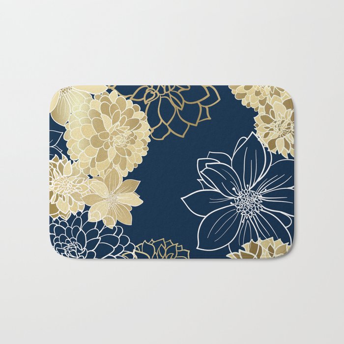 Navy, Gold and White Floral Garden Bath Mat Gallery Image 1