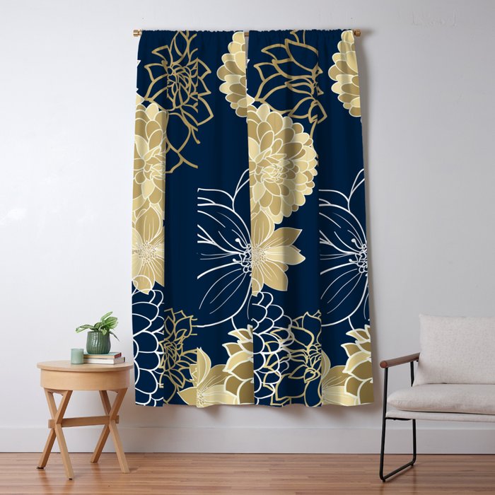 Navy, Gold and White Floral Garden Window Curtain Gallery Image 5