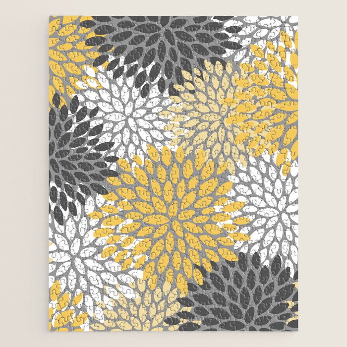 Modern Flowers Print, Yellow, White and Charcoal Grey Jigsaw Puzzle Gallery Image 1