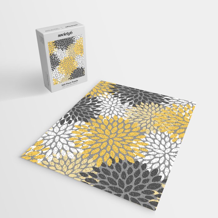 Modern Flowers Print, Yellow, White and Charcoal Grey Jigsaw Puzzle Gallery Image 2
