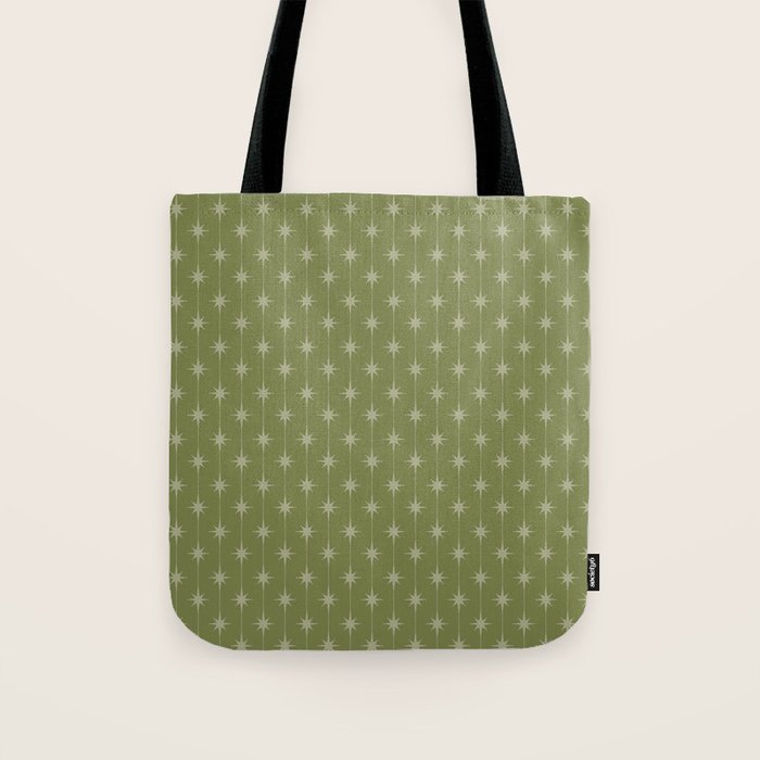 Mid Century Modern Stars and Dots Pattern in Olive Green Tote Bag Gallery Image 1