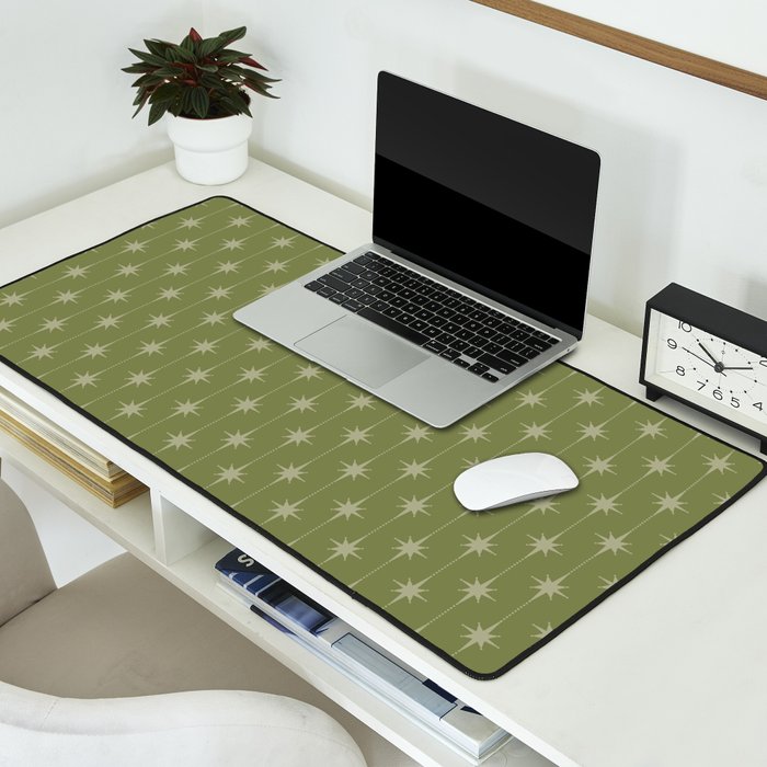 Mid Century Modern Stars and Dots Pattern in Olive Green Desk Mat Gallery Image 2