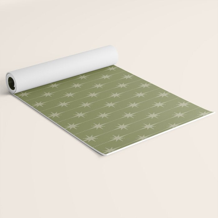 Mid Century Modern Stars and Dots Pattern in Olive Green Yoga Mat Gallery Image 2