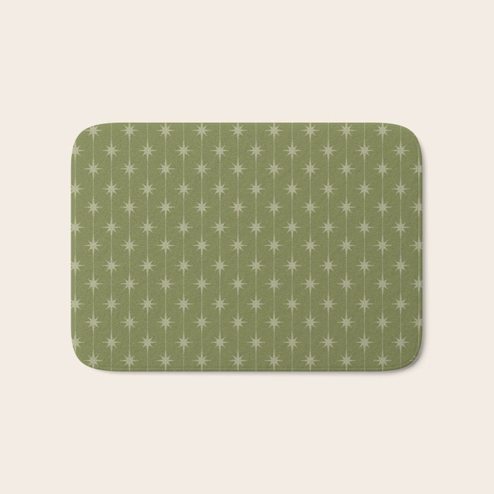 Mid Century Modern Stars and Dots Pattern in Olive Green Bath Mat Gallery Image 1