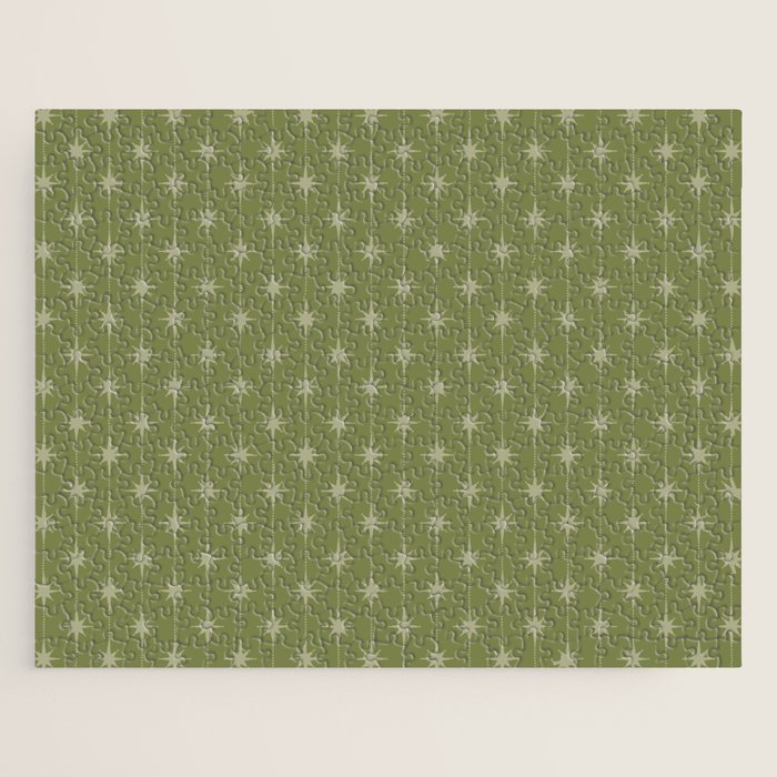 Mid Century Modern Stars and Dots Pattern in Olive Green Jigsaw Puzzle Gallery Image 1