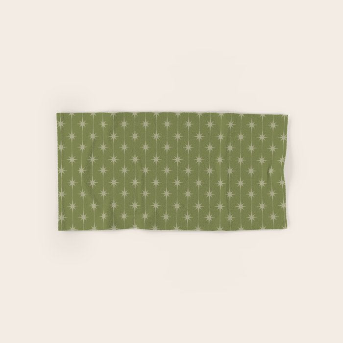 Mid Century Modern Stars and Dots Pattern in Olive Green Bath Towel Gallery Image 1