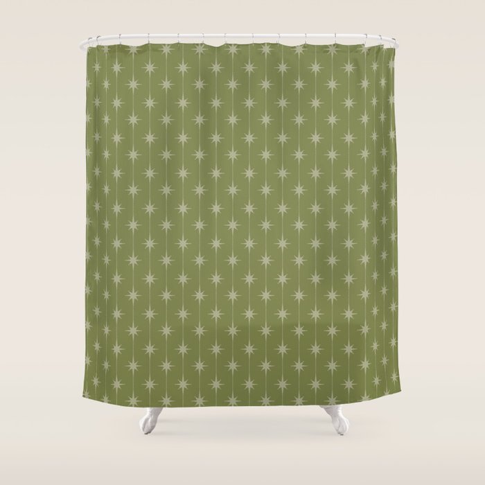 Mid Century Modern Stars and Dots Pattern in Olive Green Shower Curtain Gallery Image 1