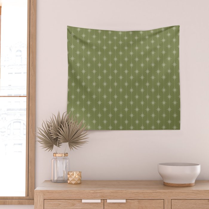 Mid Century Modern Stars and Dots Pattern in Olive Green Wall Tapestry Gallery Image 2