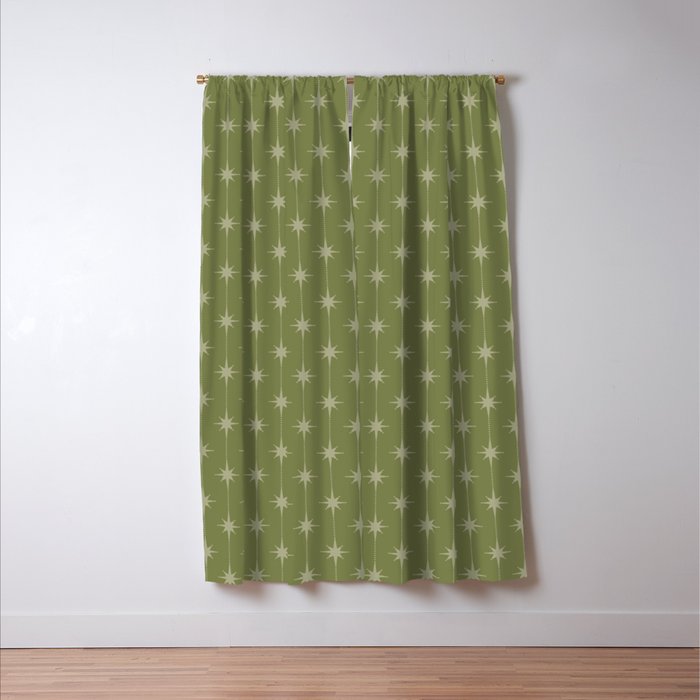 Mid Century Modern Stars and Dots Pattern in Olive Green Window Curtain Gallery Image 3
