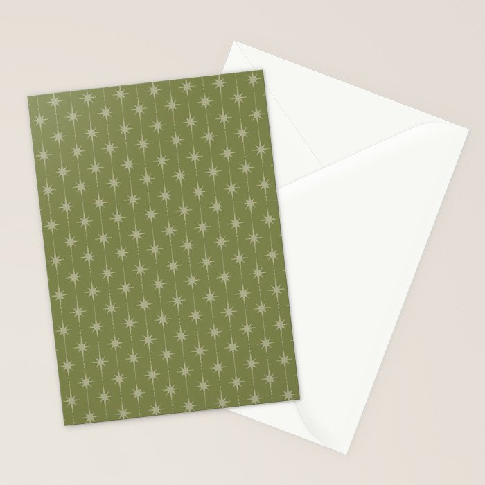 Mid Century Modern Stars and Dots Pattern in Olive Green Stationery Card Gallery Image 2