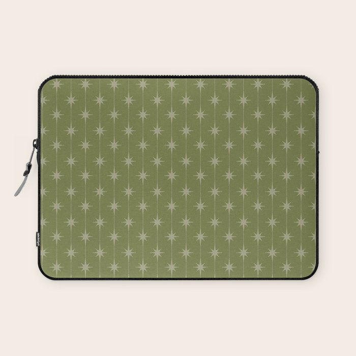 Mid Century Modern Stars and Dots Pattern in Olive Green Laptop Sleeve Gallery Image 1