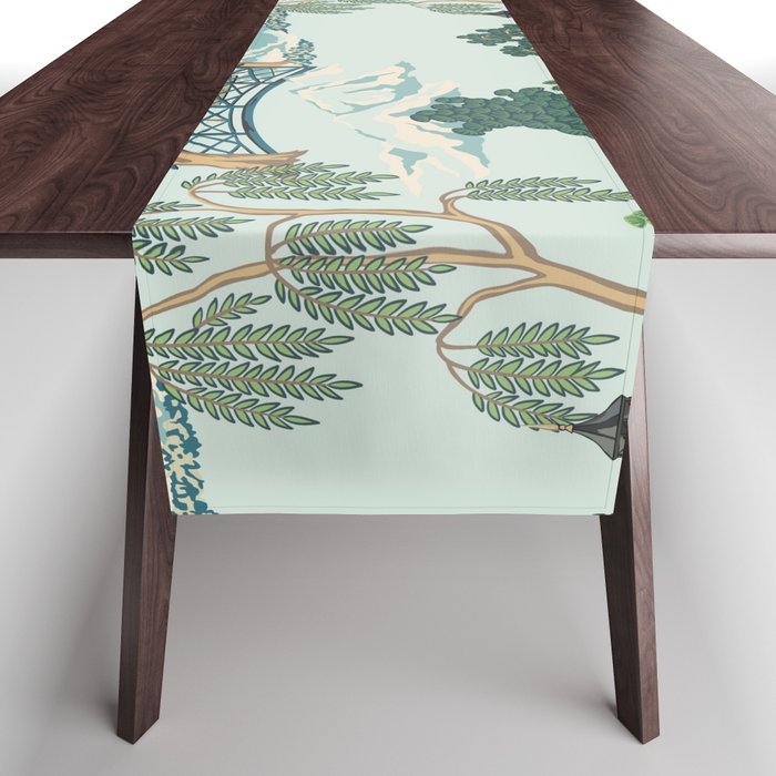 Vintage Chinoiserie Summer Pagoda Bridge Garden Landscape Table Runner Gallery Image 1
