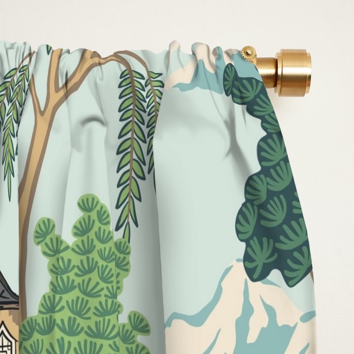 Vintage Chinoiserie Summer Pagoda Bridge Garden Landscape Window Curtain Gallery Image 2