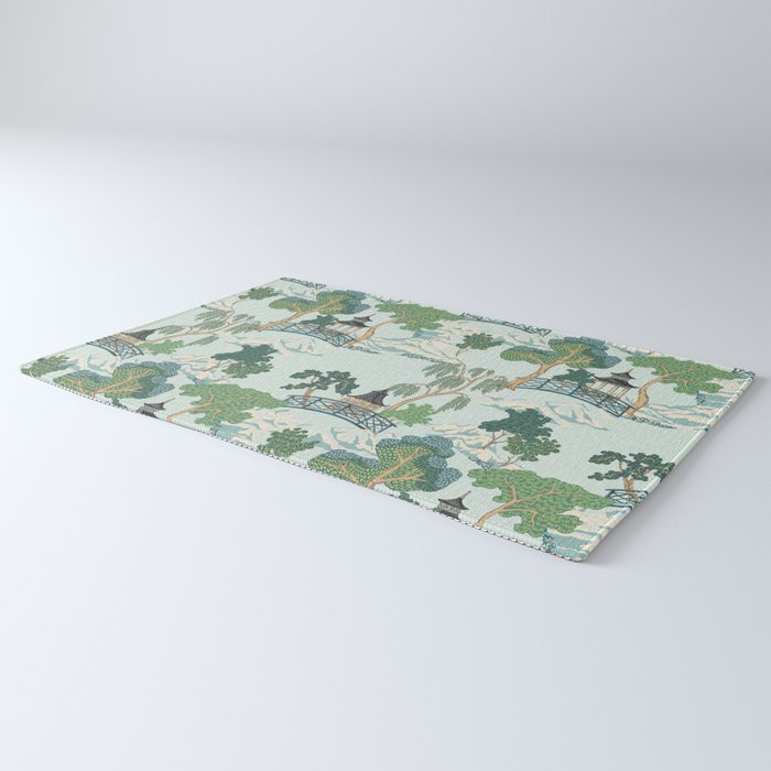 Vintage Chinoiserie Summer Pagoda Bridge Garden Landscape Rug Gallery Image 3