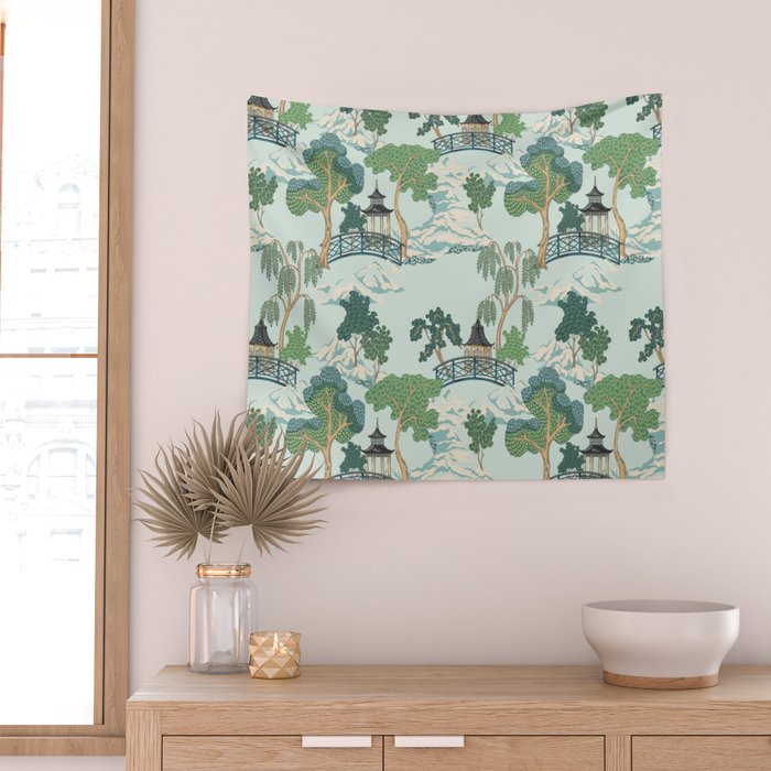 Vintage Chinoiserie Summer Pagoda Bridge Garden Landscape Wall Tapestry Gallery Image 2