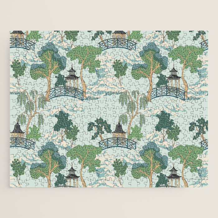 Vintage Chinoiserie Summer Pagoda Bridge Garden Landscape Jigsaw Puzzle Gallery Image 1