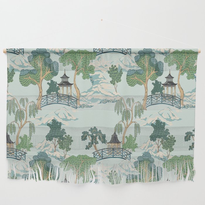 Vintage Chinoiserie Summer Pagoda Bridge Garden Landscape Wall Hanging Gallery Image 1