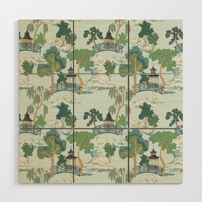 Vintage Chinoiserie Summer Pagoda Bridge Garden Landscape Wood Wall Art Gallery Image 1