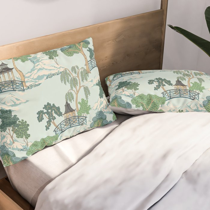 Vintage Chinoiserie Summer Pagoda Bridge Garden Landscape Pillow Sham Gallery Image 2
