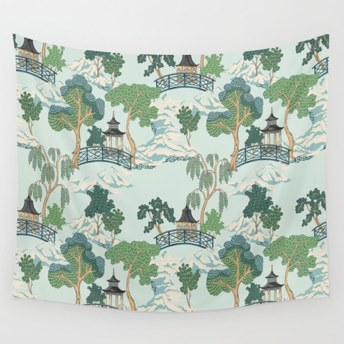 Vintage Chinoiserie Summer Pagoda Bridge Garden Landscape Wall Tapestry Gallery Image 1