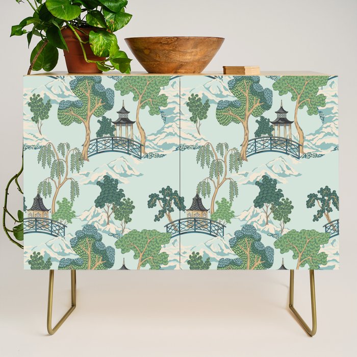 Vintage Chinoiserie Summer Pagoda Bridge Garden Landscape Credenza Gallery Image 1