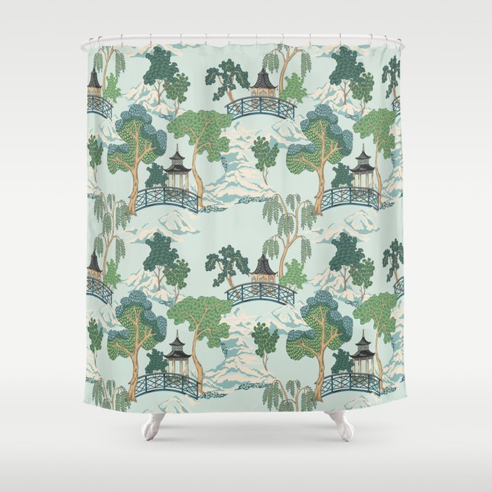 Vintage Chinoiserie Summer Pagoda Bridge Garden Landscape Shower Curtain Gallery Image 1