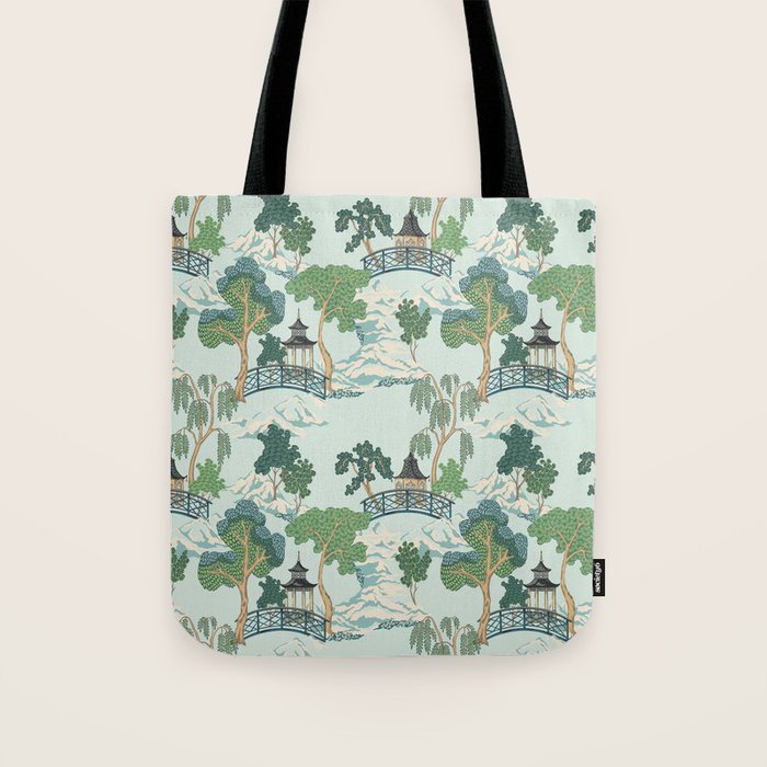 Vintage Chinoiserie Summer Pagoda Bridge Garden Landscape Tote Bag Gallery Image 1