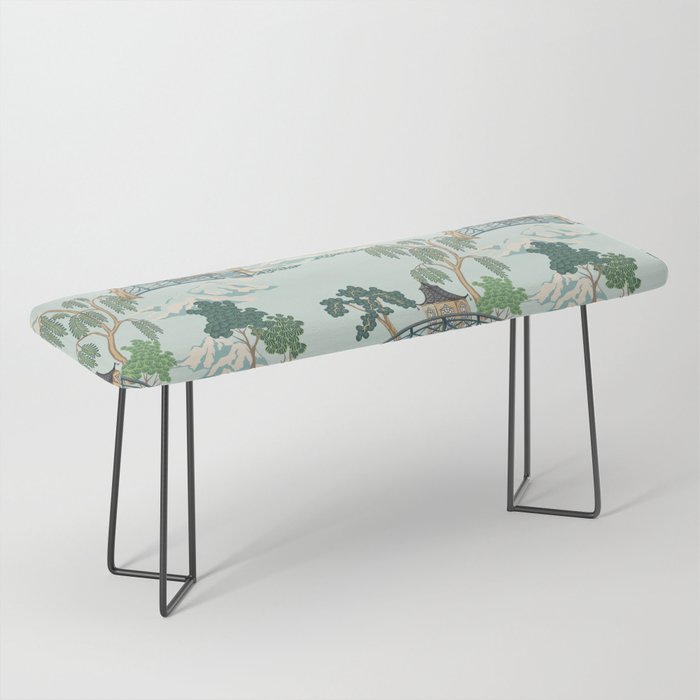 Vintage Chinoiserie Summer Pagoda Bridge Garden Landscape Bench Gallery Image 1