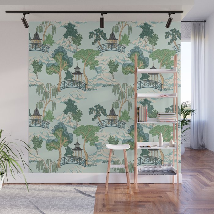 Vintage Chinoiserie Summer Pagoda Bridge Garden Landscape Wall Mural Gallery Image 1