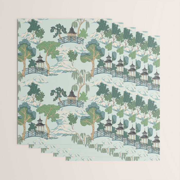 Vintage Chinoiserie Summer Pagoda Bridge Garden Landscape Wrapping Paper Gallery Image 3