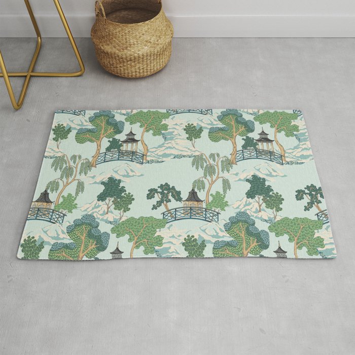 Vintage Chinoiserie Summer Pagoda Bridge Garden Landscape Rug Gallery Image 1
